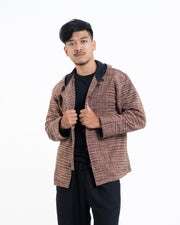 Unisex Light Hooded Button Hand-Woven Cotton Jacket in Brick