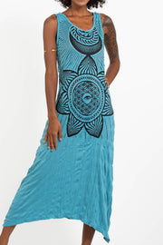 Womens Sacred Geometry Mandala Long Tank Dress in Turquoise